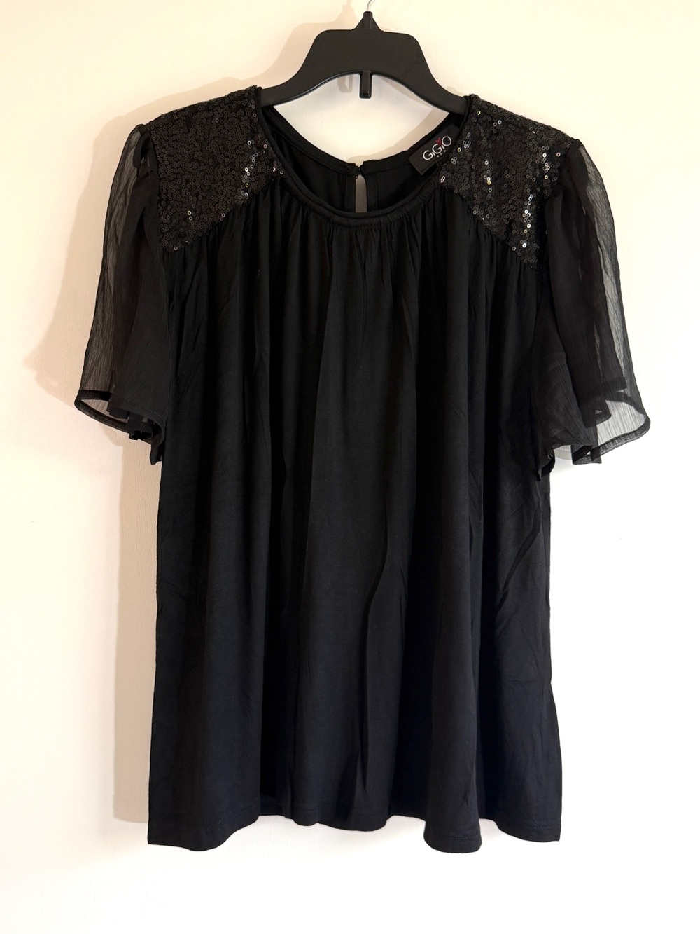 Gigio Black Sequin-Trim Sheer Sleeve Blouse For Evening Party